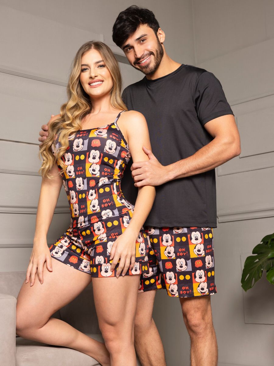 Pijama Casal - Mickey Oh Boy ( Feminino tipo Alcinha + Masculino Short com Camiseta Preta)  