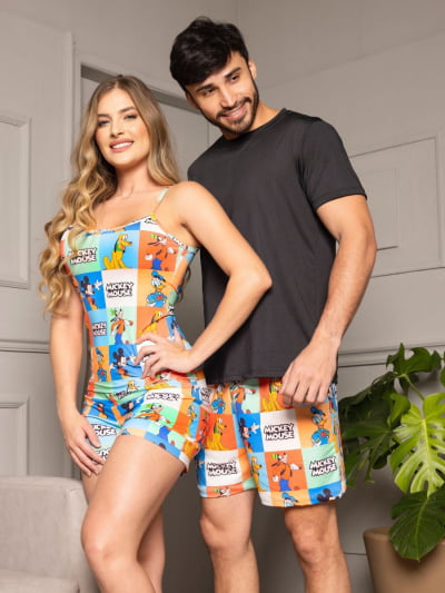 Pijama Casal - Mickey e Pateta ( Feminino Alcinha + Masculino Short com Camiseta Preta)   