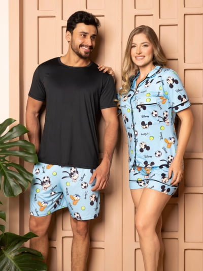 Pijama para o Casal - Mickey Azul ( Feminino Americano tipo Short + Masculino Short com Camiseta Preta)  