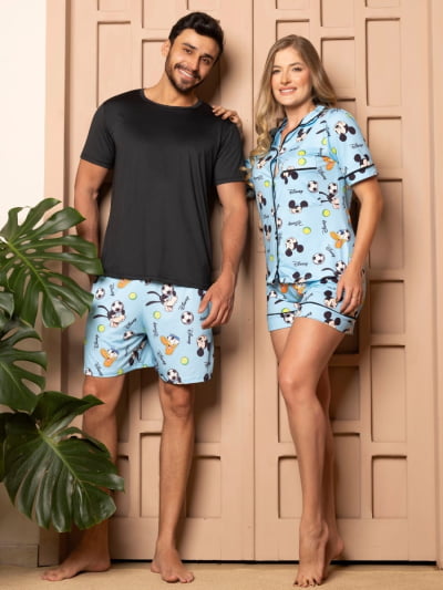 Pijama para o Casal - Mickey Azul ( Feminino Americano tipo Short + Masculino Short com Camiseta Preta)  