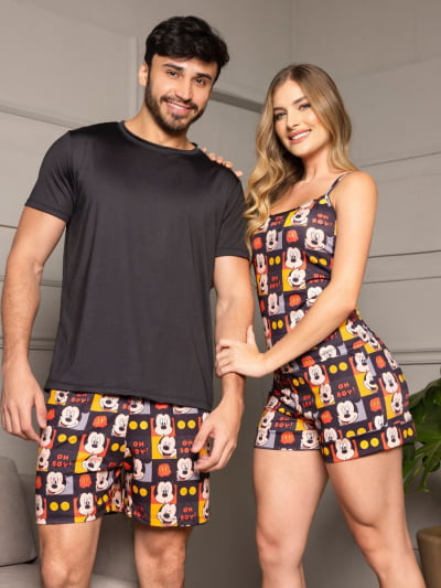 Pijama Casal - Mickey Oh Boy ( Feminino tipo Alcinha + Masculino Short com Camiseta Preta)  
