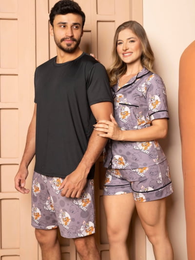 Pijama para o Casal -  Tom e Jerry( Feminino Americano tipo Short + Masculino Short com Camiseta Preta)  