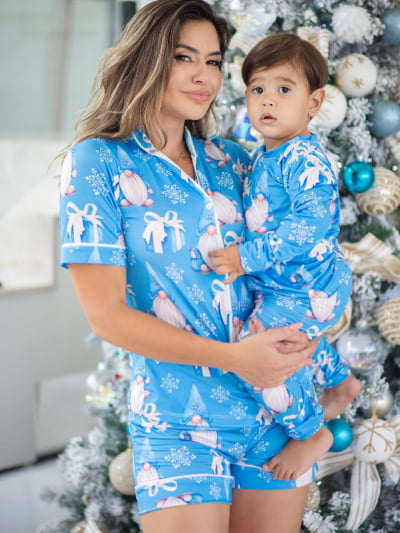 Pijama Natal Azul Mãe e Filha (o) Unissex (Adulto Americano Short + Infantil calça e manga longa)