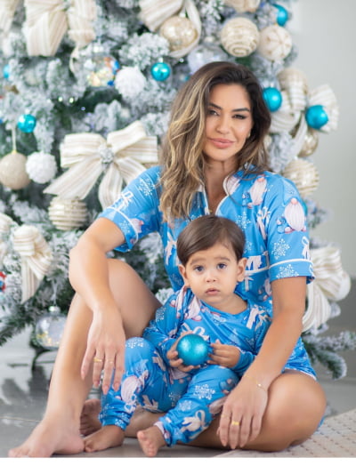 Pijama Natal Azul Mãe e Filha (o) Unissex (Adulto Americano Short + Infantil calça e manga longa)