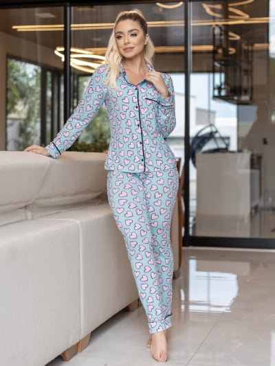 Americano Calça com Manga Longa - Azul claro com Rosa