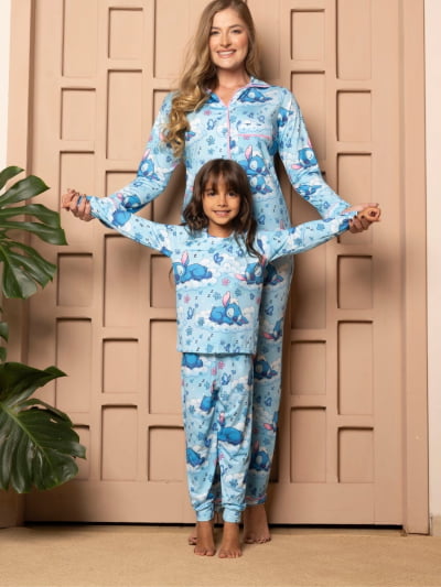 Conjunto Mãe e Filha Longo - Stitch Dorminhoco