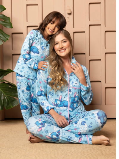 Conjunto Mãe e Filha Longo - Stitch Dorminhoco