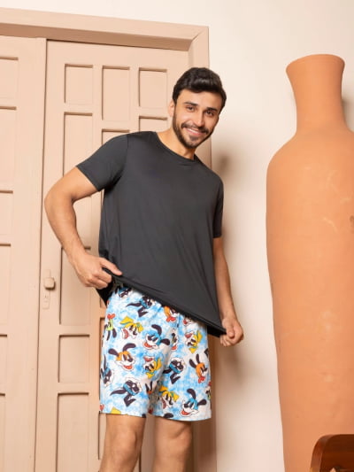 Pijama Masculino Adulto - Cachorros ( Short + Camiseta Preta)  