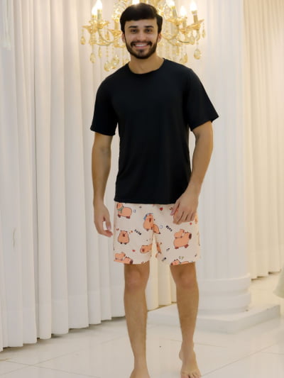 Pijama Masculino Adulto - Conjunto Capivara ( Short + Camiseta Preta)  