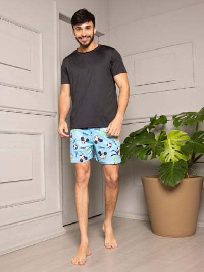 Pijama Masculino Adulto - Mickey Azul ( Short + Camiseta Preta) 