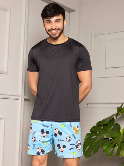 Pijama Masculino Adulto - Mickey Azul ( Short + Camiseta Preta) 