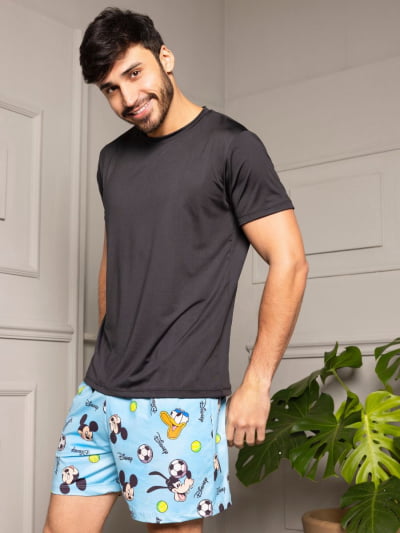 Pijama Masculino Adulto - Mickey Azul ( Short + Camiseta Preta) 