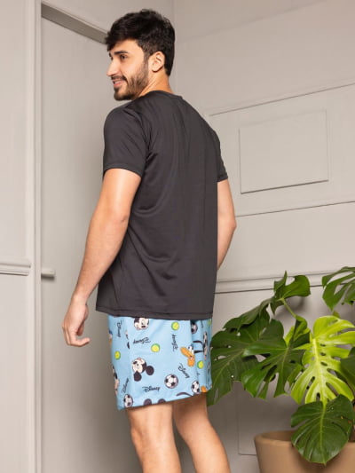 Pijama Masculino Adulto - Mickey Azul ( Short + Camiseta Preta) 