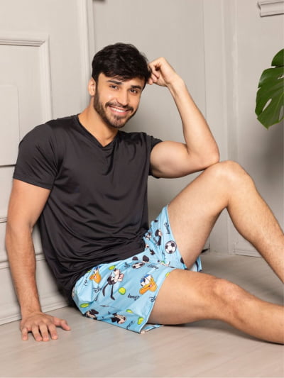 Pijama Masculino Adulto - Mickey Azul ( Short + Camiseta Preta) 