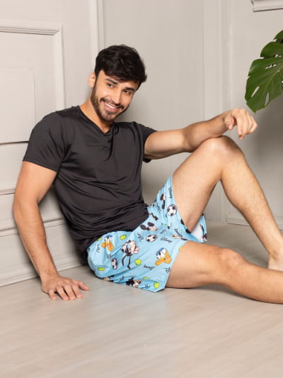 Pijama Masculino Adulto - Mickey Azul ( Short + Camiseta Preta) 