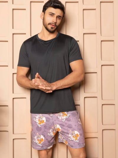 Pijama Masculino Adulto - Tom e Jerry ( Short + Camiseta Preta) 