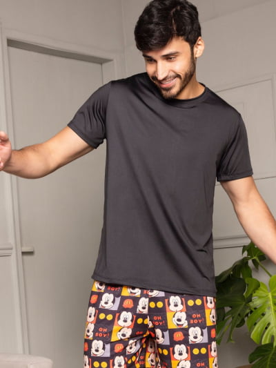 Pijama Masculino Adulto - Mickey Oh Boy ( Short + Camiseta Preta)
