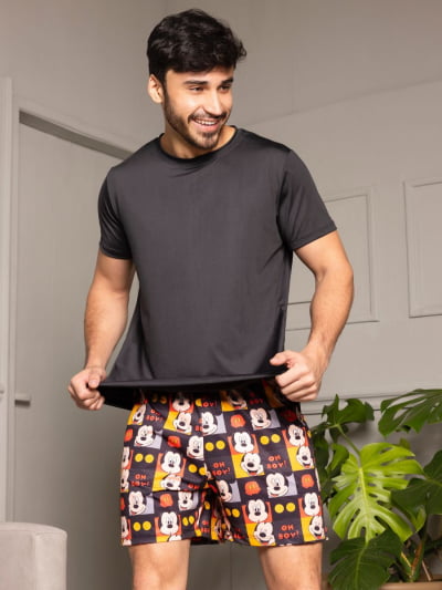 Pijama Masculino Adulto - Mickey Oh Boy ( Short + Camiseta Preta)